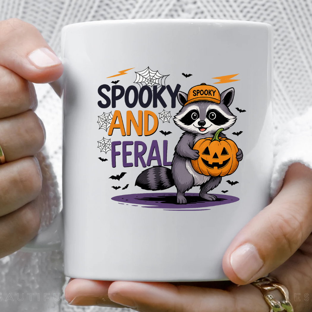 Halloween Raccoon Mug, Spooky and Feral Cute Coffee Cup, Fall Pumpkin Graphic, Autumn Drinkware Gift