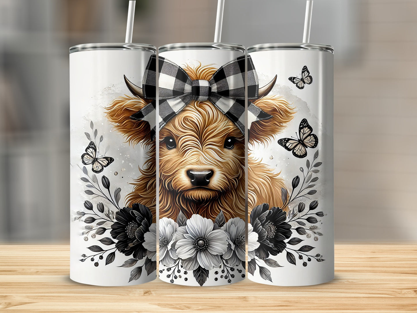 Highland Cow Tumbler, Rustic Floral Farmhouse Insulated Drinkware, Butterfly and Flower Design, Stainless Steel Travel Mug
