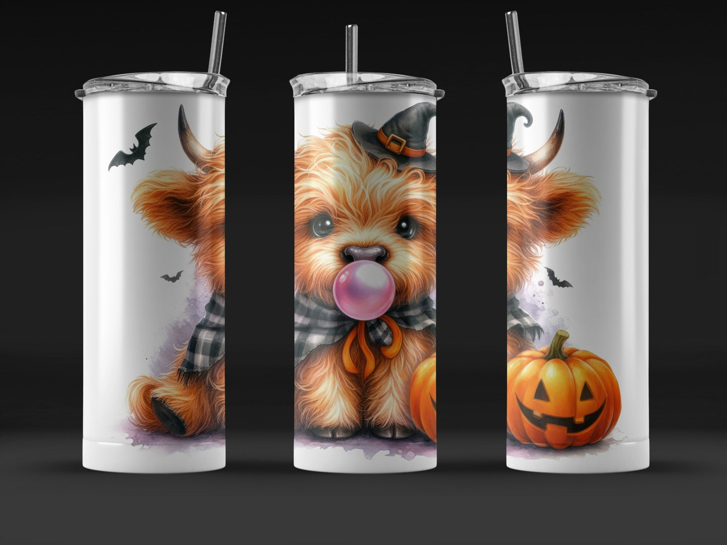 Halloween Themed Tumbler Cups, Cute Dog with Pumpkin and Bat Design, Insulated Drinkware