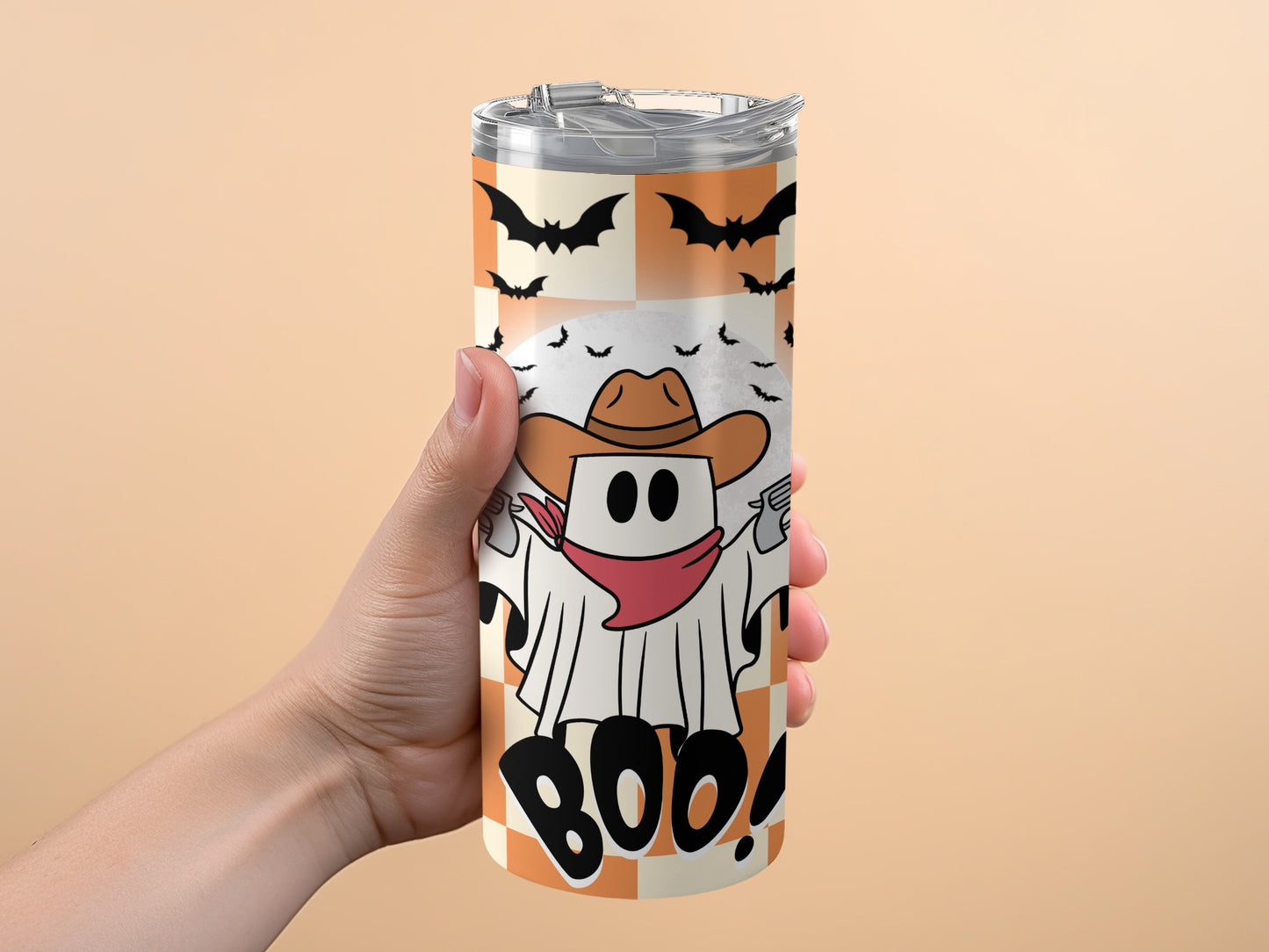 Halloween Tumbler Ghost with Cowboy Hat and Bats Insulated Travel Mug Fall Gift