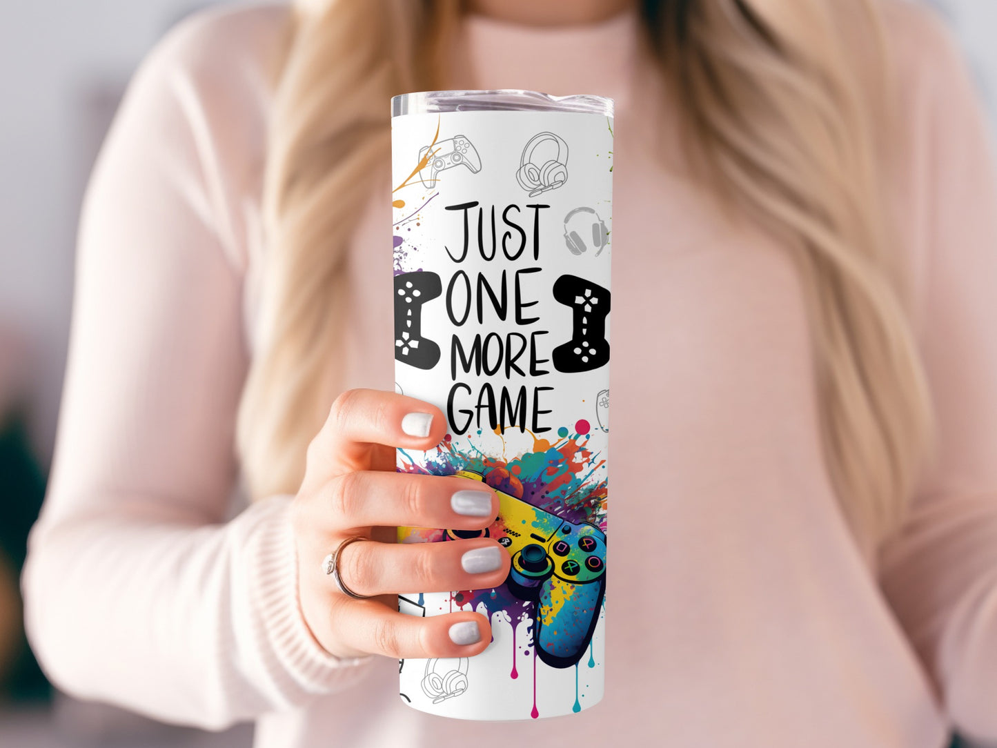 Colorful Gamer Tumbler, Just One More Game Quote, Gaming Travel Mug, Video Game Controller Design, Gift for Gamers