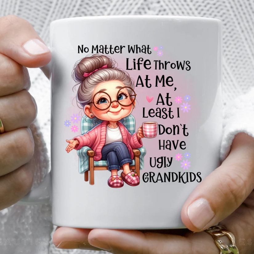 Grandma Coffee Mug, Funny Quote, Gift for Grandma, Cute Granny Graphic, No Ugly Grandkids, White Ceramic Mug, Holds 11 oz, Unique