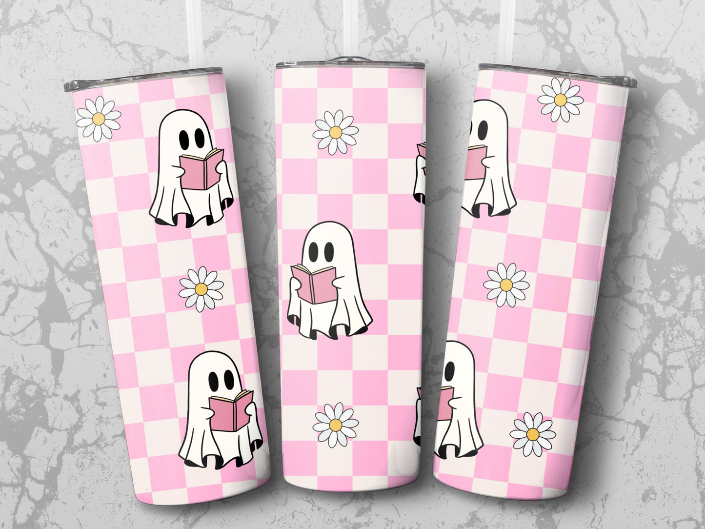 Cute Ghost Reading Book Tumbler, Pink Gingham Pattern Insulated Drinkware, Unique Halloween Gift Idea