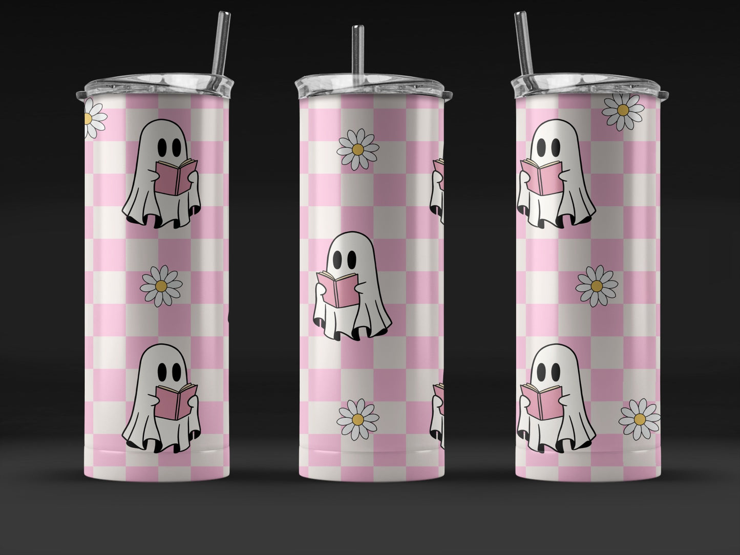 Cute Ghost Reading Book Pattern Tumbler, Pink Checkered Insulated Cup, Stainless Steel Travel Mug, Gift Idea