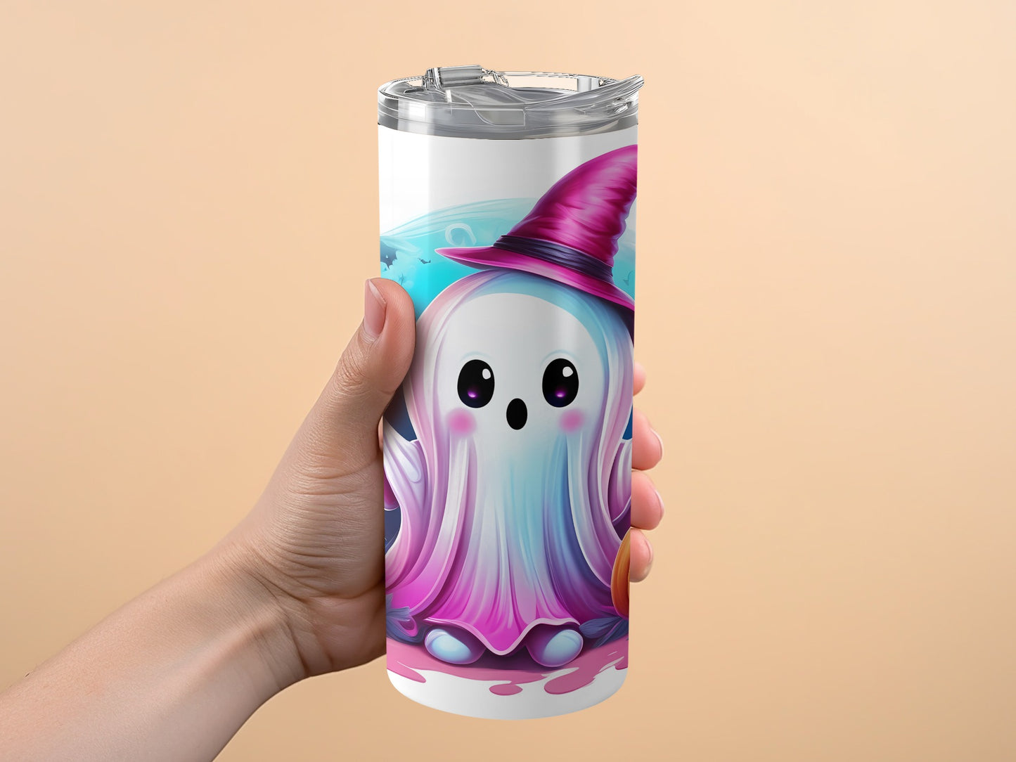Cute Ghost Tumbler, Spooky Witch Hat Insulated Travel Mug, Halloween Theme Drinkware, Unique Gift Idea