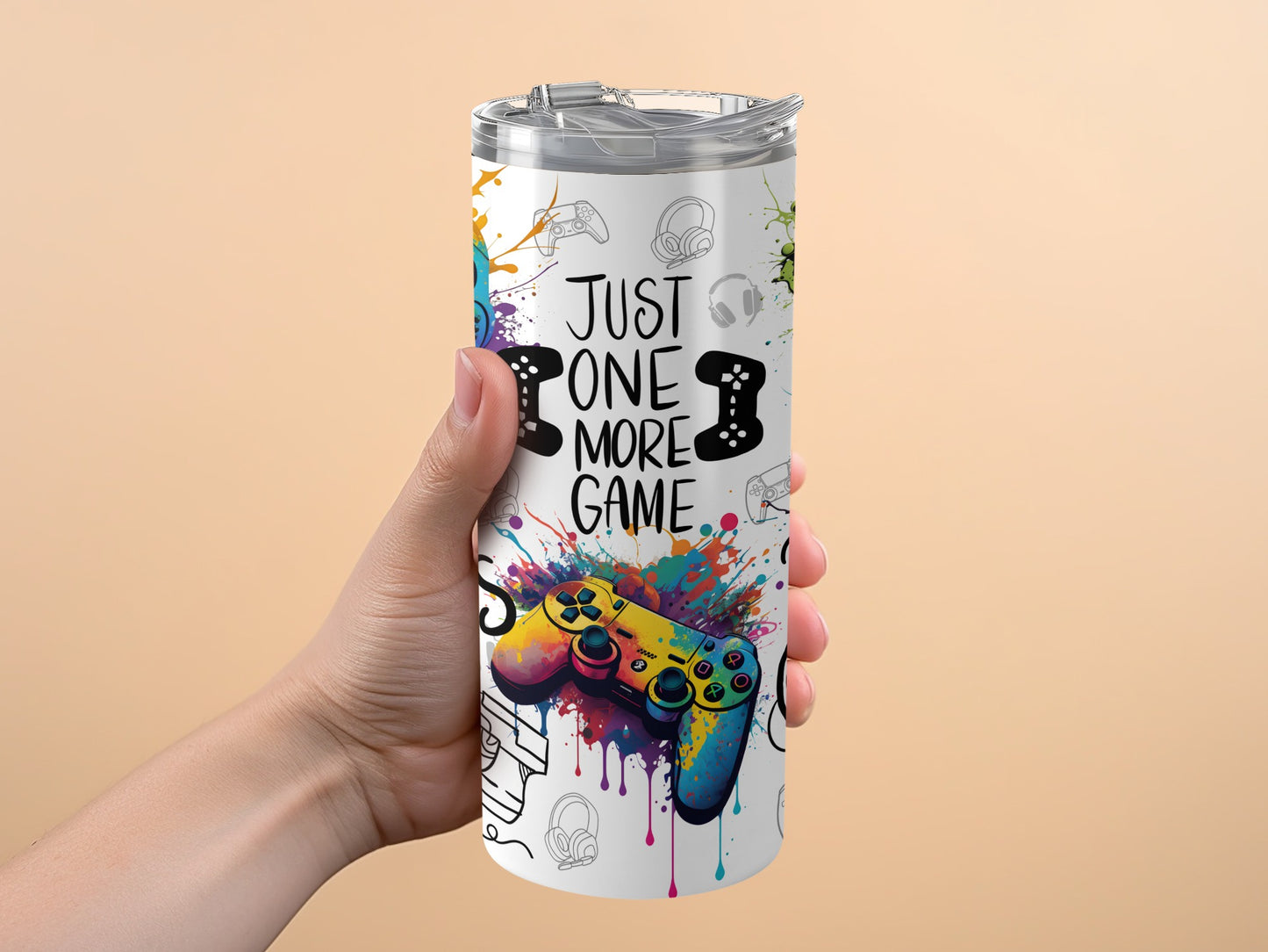 Gamer Themed Insulated Tumbler, Colorful Game Controller and Splash Art, Stainless Steel Travel Mug for Gaming Enthusiasts