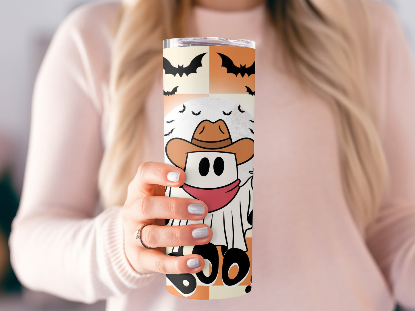 Cowboy Ghost Boo Halloween Tumbler, Cute Fall Spooky Drinkware, Orange Bat Design, Gift Idea