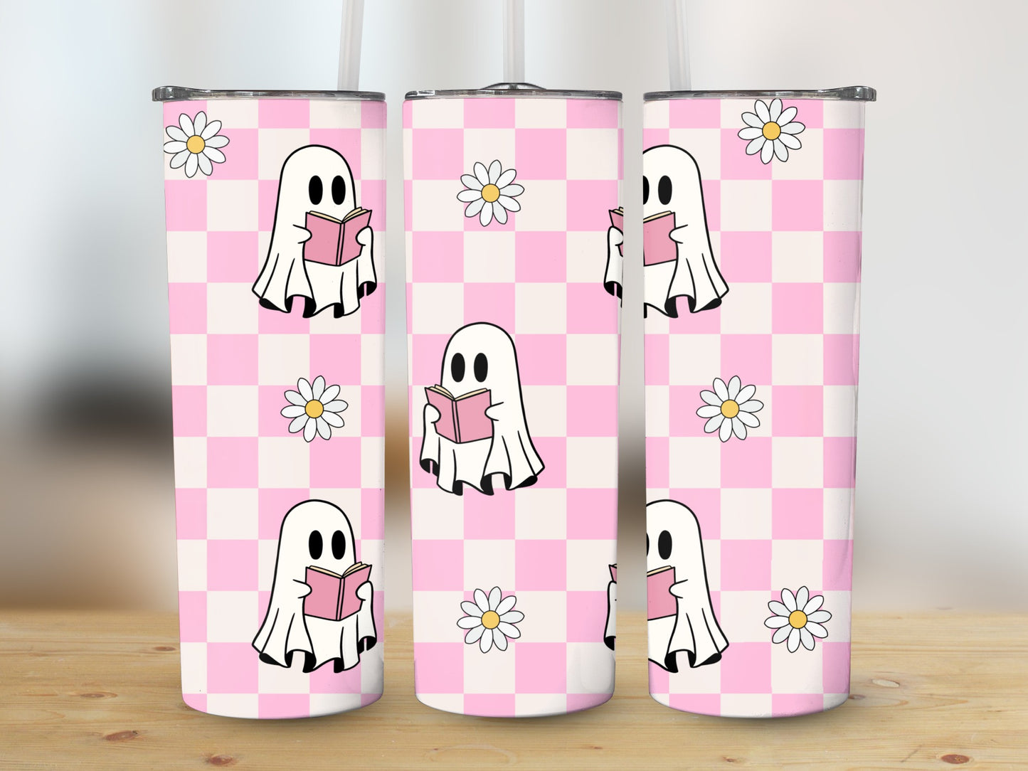 Cute Ghost Reading Book Pattern Tumbler, Pink Checkered Floral Design, Spooky Cute Drinkware Gift