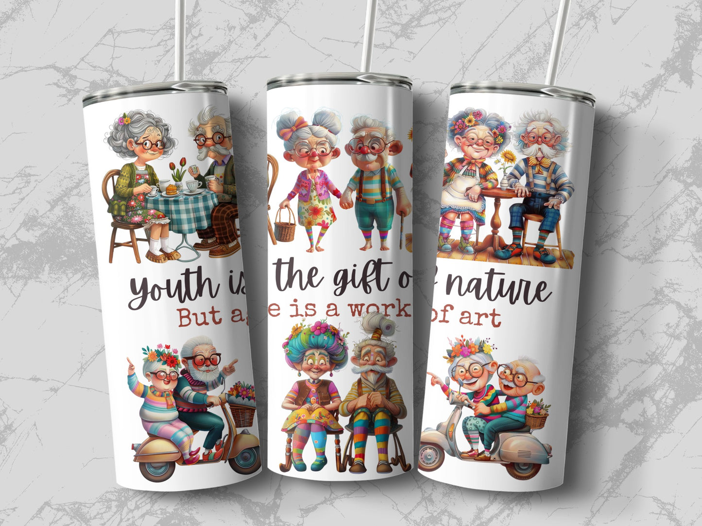Colorful Elderly Couples Tumbler, Youthful Fun Artistic Design, Gift for Grandparents, Unique Drinkware