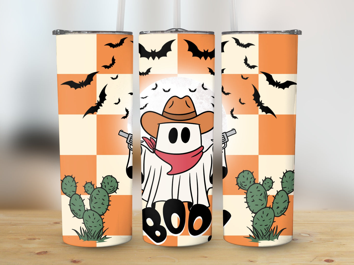 Halloween Tumbler with Ghost Cowboy Design, Orange Checkered Pattern, Bat Motifs, Festive Drinkware