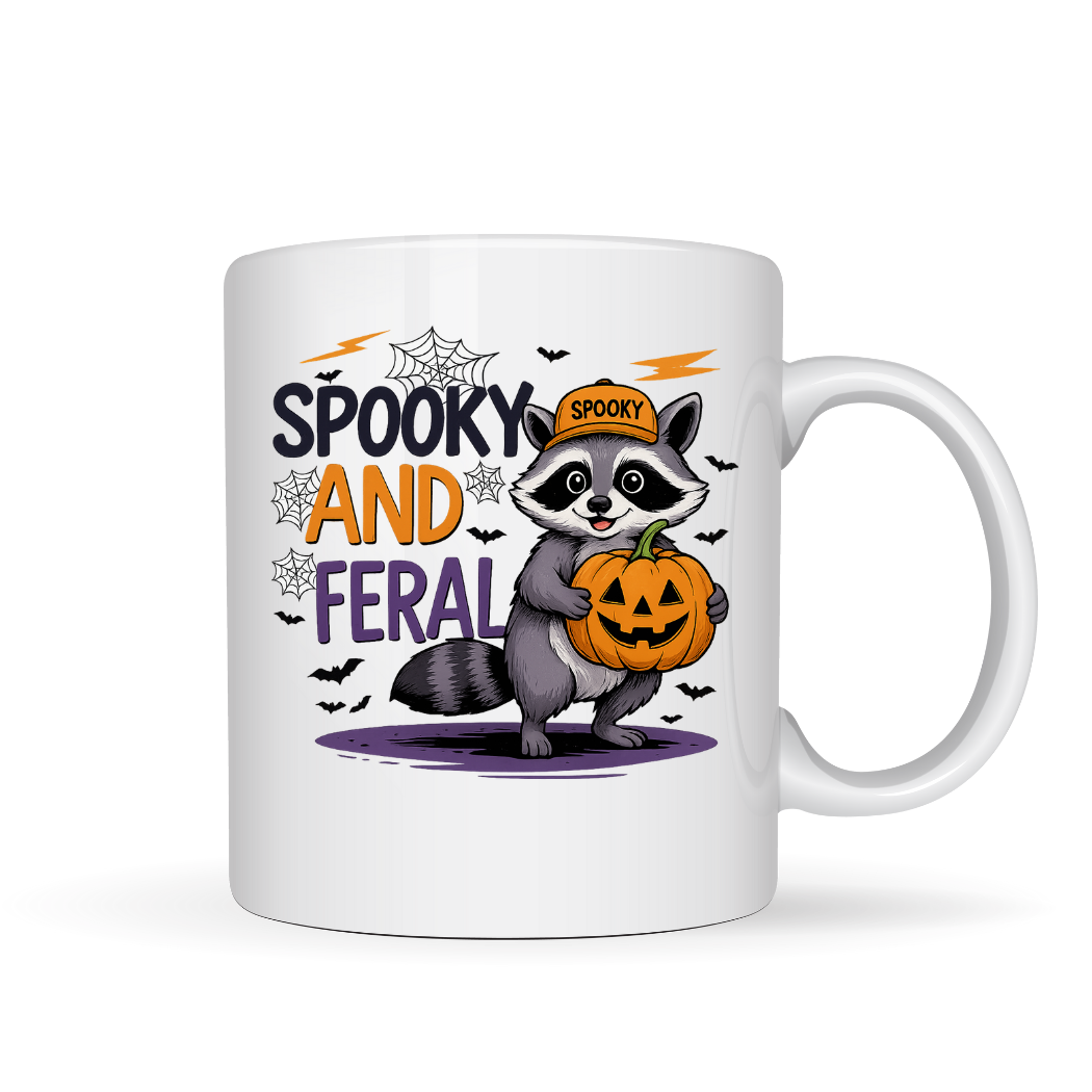 Halloween Raccoon Mug, Spooky and Feral Coffee Cup, Cute Autumn Pumpkin Drinkware, Fall Season Gift Idea