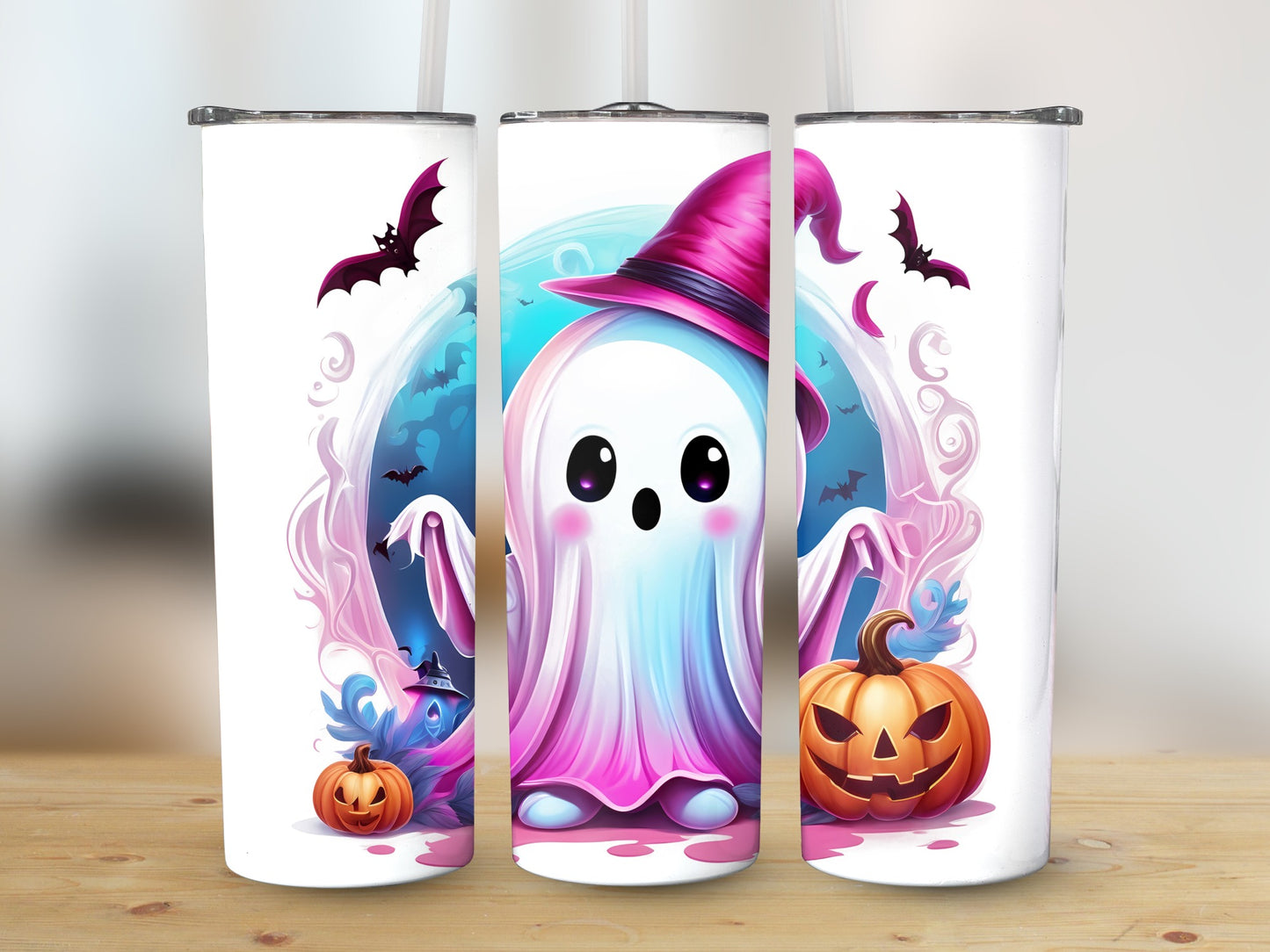 Halloween Ghost Tumbler, Cute Spooky Spirit Stainless Steel Cup, Witch Hat, Pumpkins, Bats, Fall Season Gift Idea