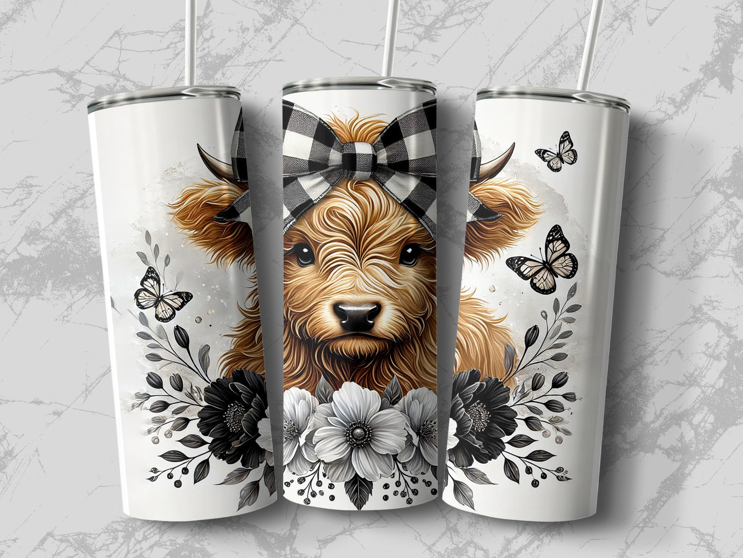 Highland Cow Tumbler with Butterflies, Floral Motif Stainless Steel Travel Mug, Gift for Animal Lovers