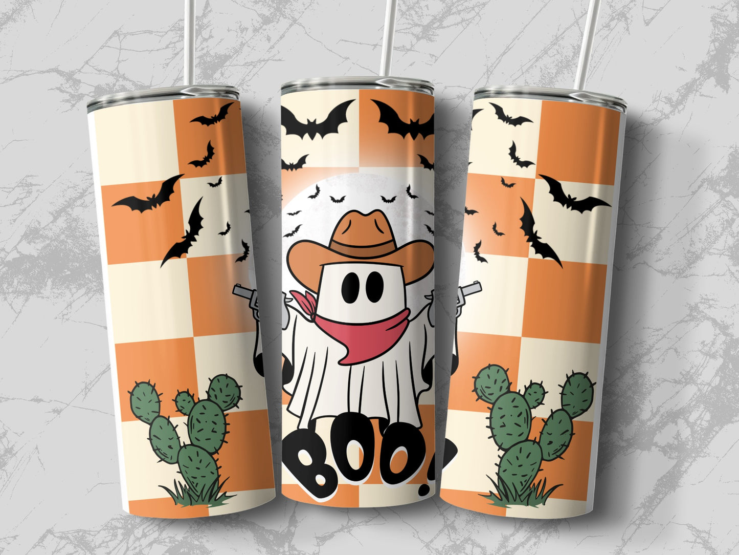 Halloween Cowboy Tumbler, Spooky Ghost and Bats Design, Stainless Steel Insulated Cup, Fall Season Drinkware, Unique Gift Idea