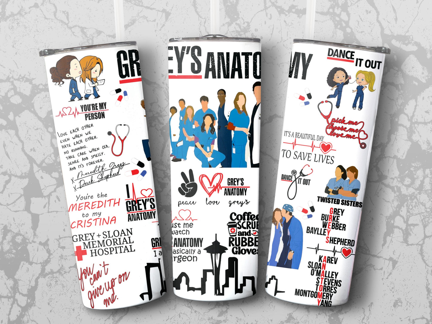 Grey's Anatomy Inspired Tumblers, Custom TV Show Fan Art, Personalized Gift Idea, Meredith Grey, Dance It Out Design