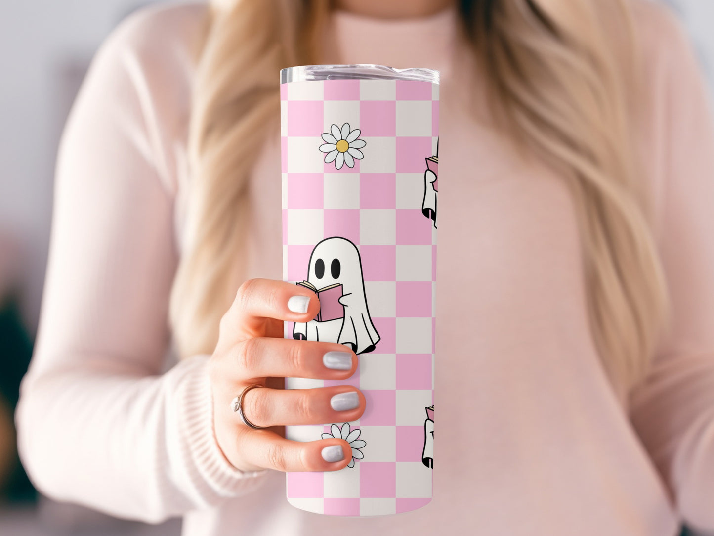 Pink Checkered Tumbler with Cute Ghost Graphic, Daisy Flowers, Unique Travel Mug Gift
