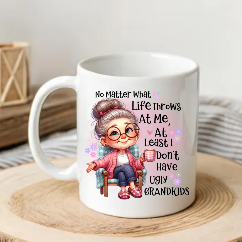Funny Grandmother Mug, Gift for Grandma, No Ugly Grandkids Humor, Cute Coffee Cup