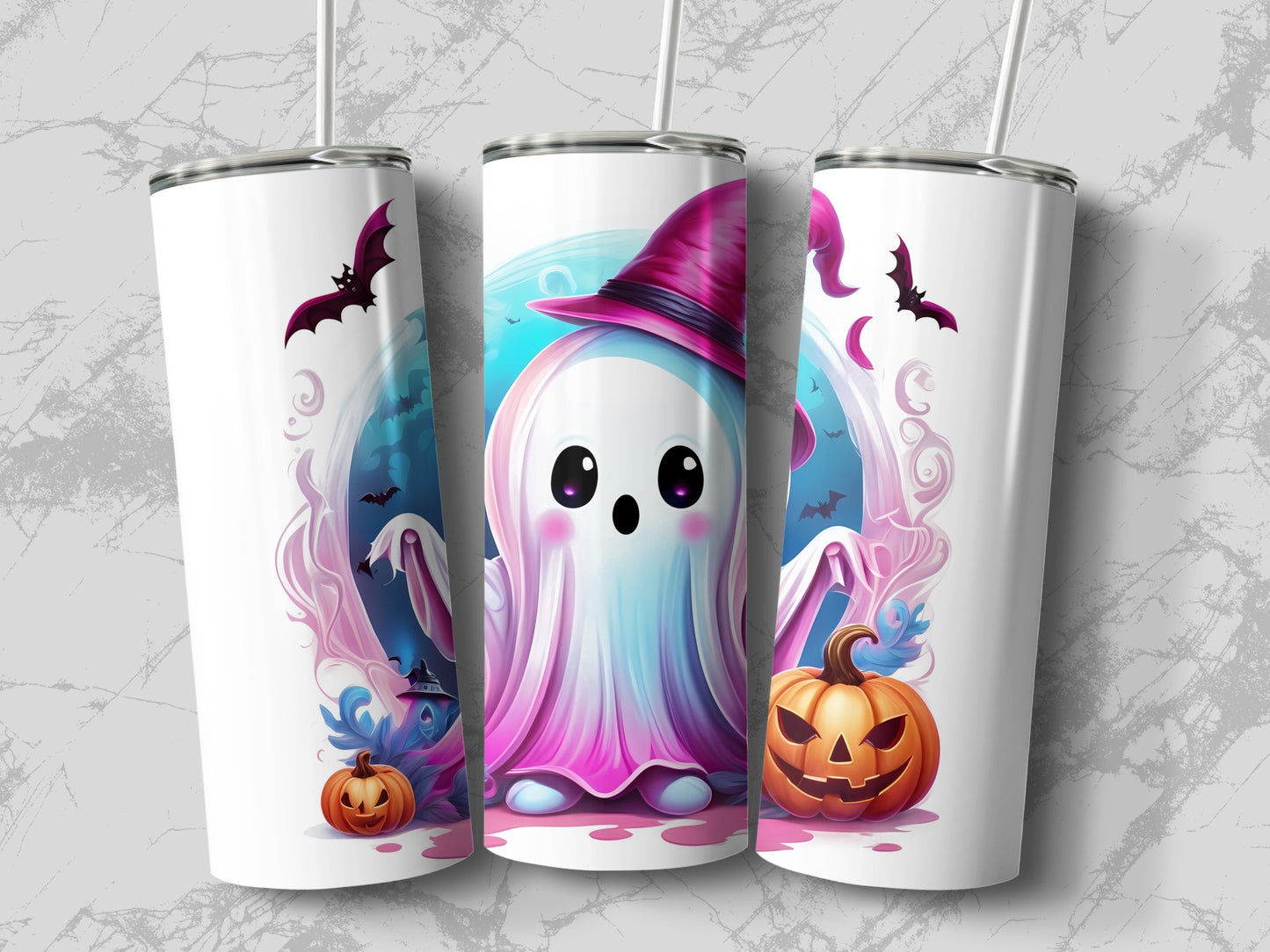 Halloween Tumblers with Ghost and Pumpkin Designs, Spooky Bat Graphics, Insulated Drinkware Set