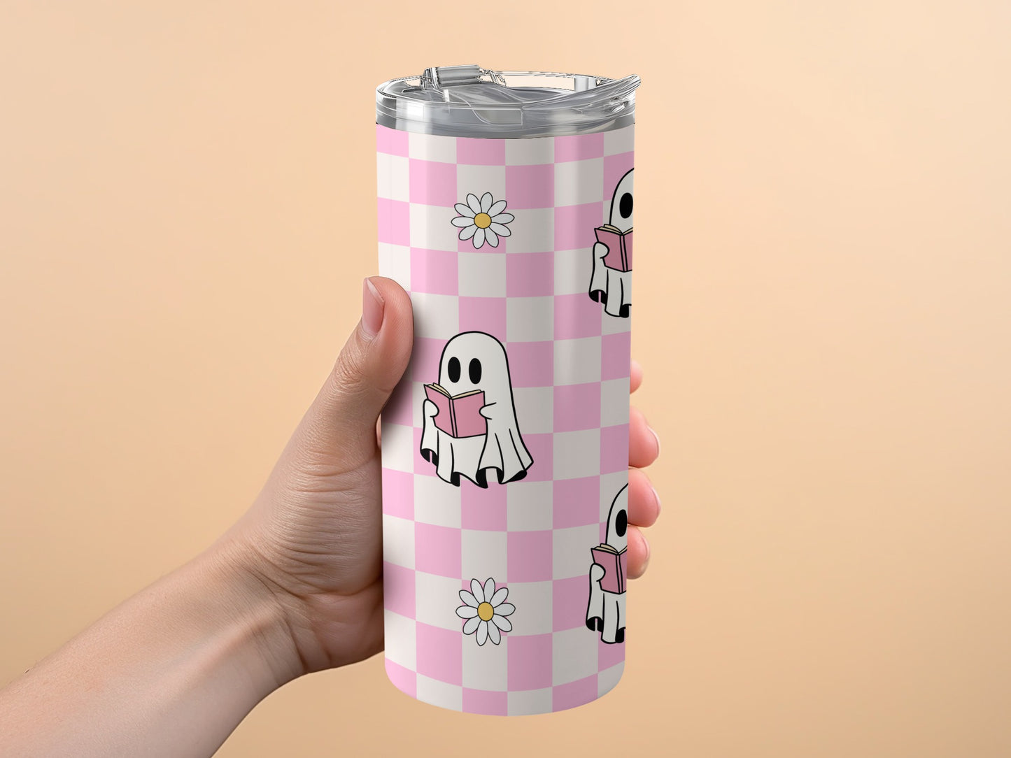 Cute Ghost Pattern Pink Checkered Tumbler, Insulated Travel Mug, Daisy Flower, Gift for Her