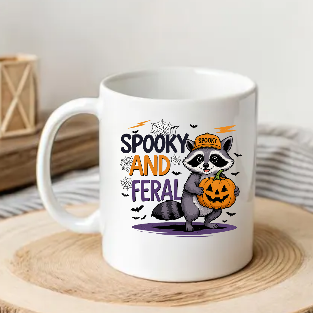 Spooky and Feral Raccoon Halloween Mug, Cute Fall Coffee Cup, Pumpkin and Bat Design, Gift Idea