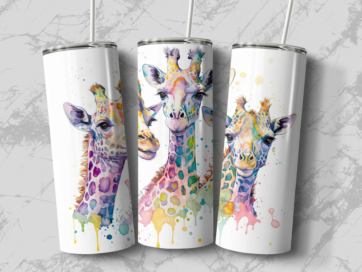 Colorful Giraffe Tumblers, Tropical Safari Animal Drinkware, Watercolor Print Insulated Cups, Unique Gift Idea