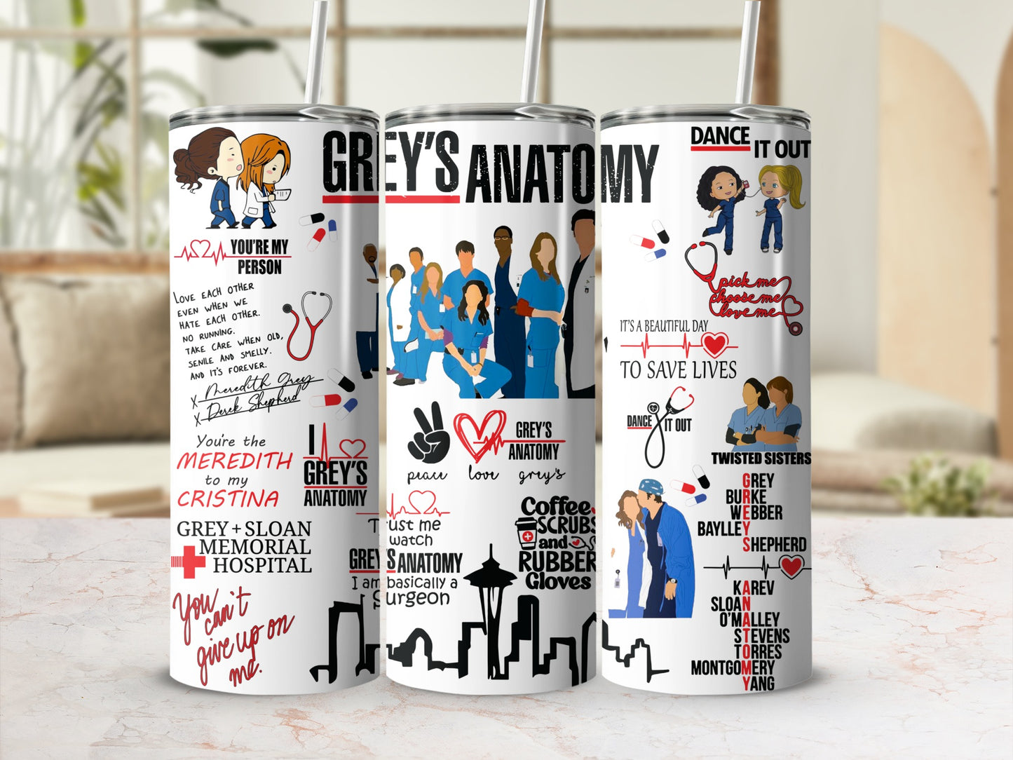 Grey's Anatomy Inspired Tumbler Cups, TV Show Merchandise, Hospital Drama Fans