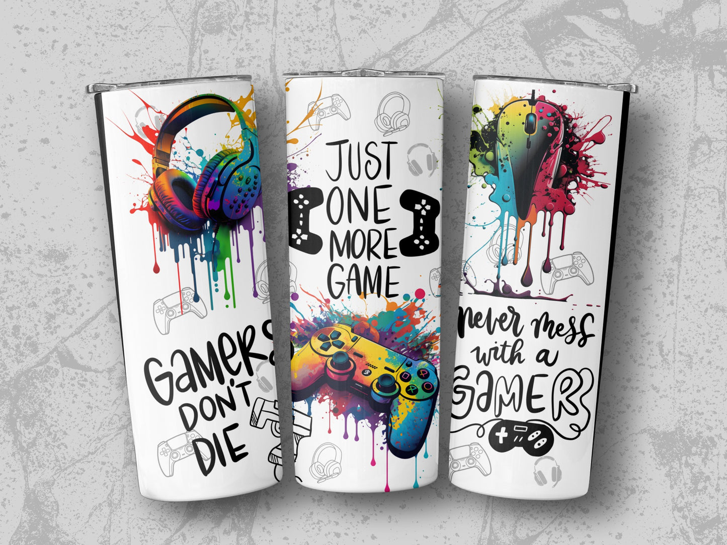 Colorful Gamer Tumblers, Gaming Quotes, Headphones and Controllers, Vibrant Drinkware, Gift for Gamers, Unique Gaming Cups, Set of Three