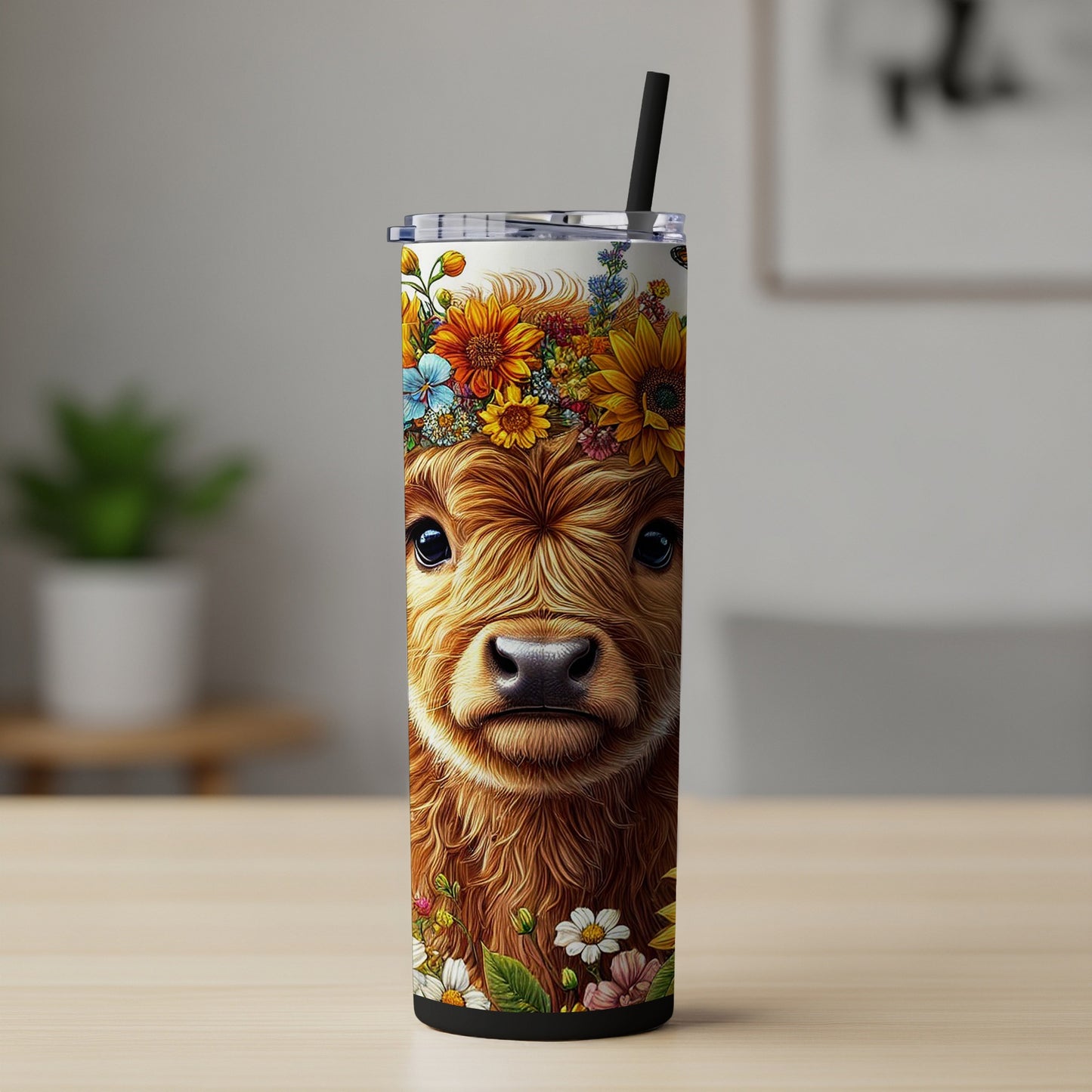 Colorful Highland Cow Floral Tumbler, Insulated Stainless Steel Travel Mug, Unique Animal Design Drinkware, Gift Idea