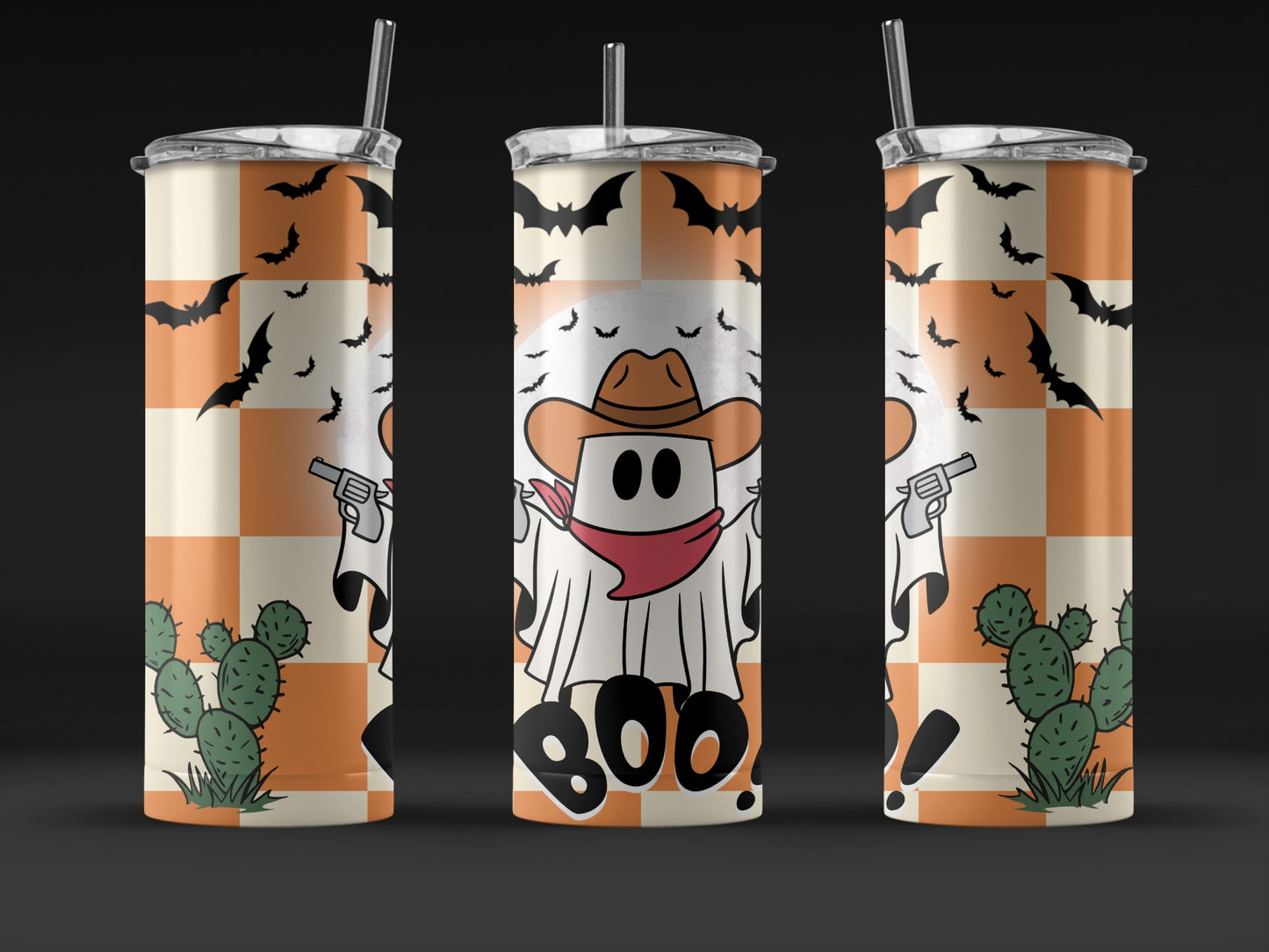 Halloween Tumbler Cups, Cowboy Ghost, Bats, Cactus Print, Stainless Steel Insulated Drinkware
