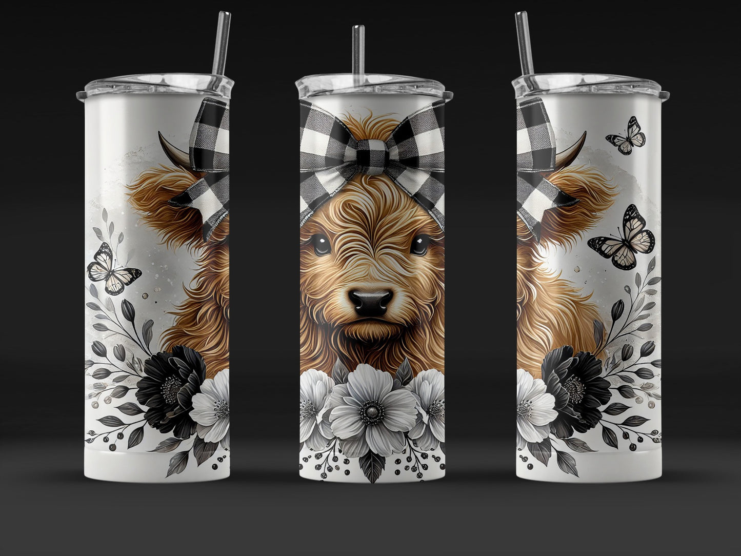 Scottish Highland Cow Tumbler, Insulated Travel Mug, Rustic Animal Design, Floral and Butterfly Graphics, Stainless Steel Drinkware