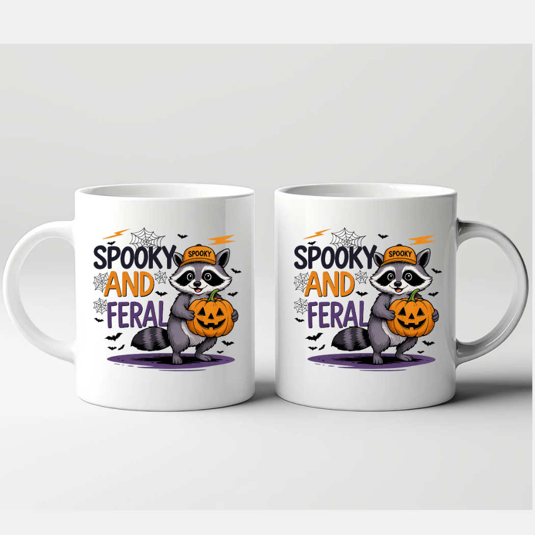 Spooky and Feral Raccoon Halloween Mug, Cute Pumpkin Coffee Cup, Fall Season Gift Idea, White Ceramic Mug