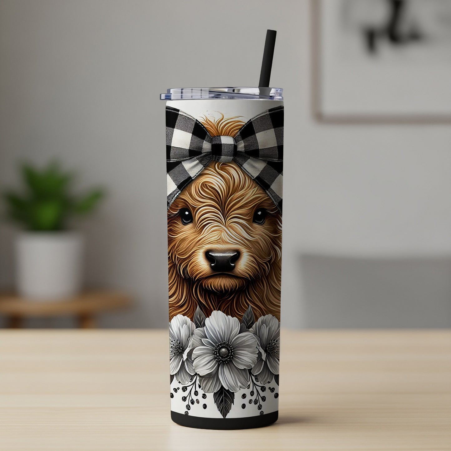 Dog and Flowers Tumbler, Insulated Stainless Steel Travel Cup with Straw, Buffalo Plaid Lid, Gift for Pet Lovers