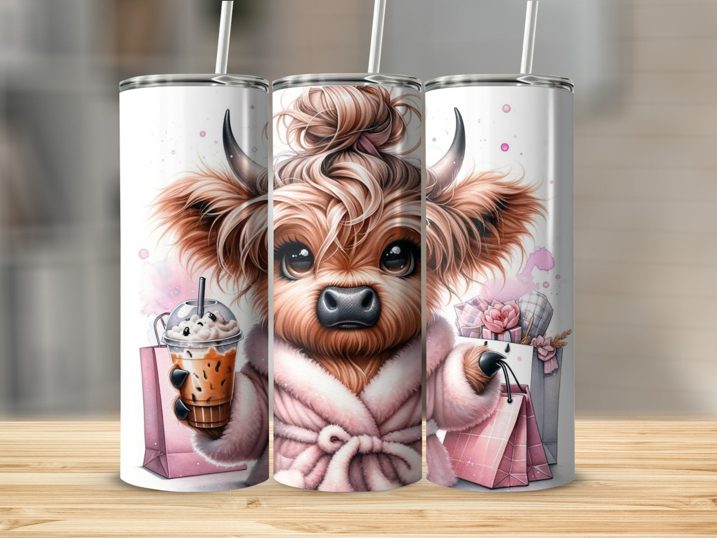 Cute Highland Cow Tumbler, Pink Robe, Boba Drink Design, Stainless Steel Insulated Cup, Gift for Her
