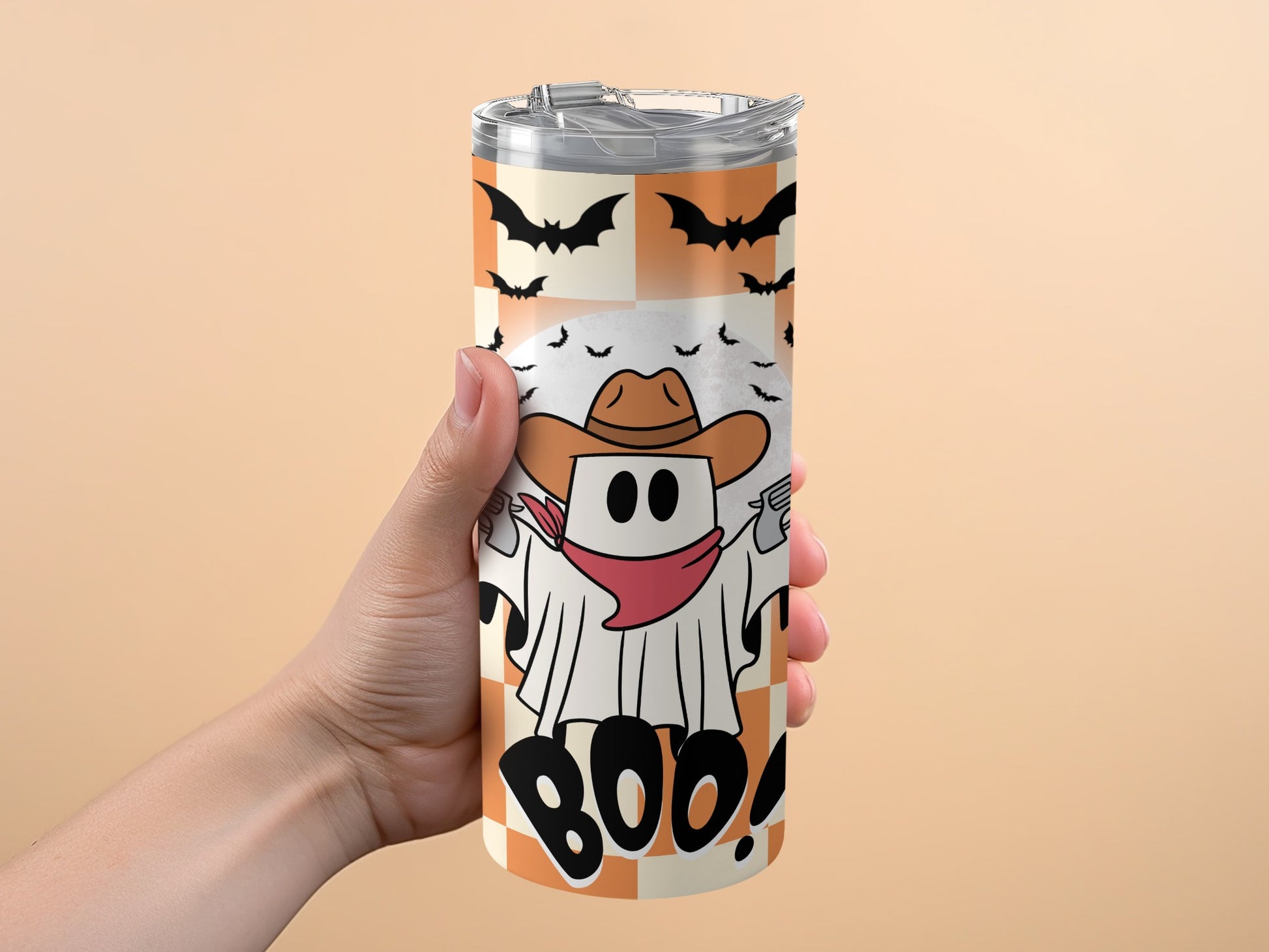 Halloween Tumbler Ghost with Cowboy Hat and Bats Insulated Travel Mug Fall Gift