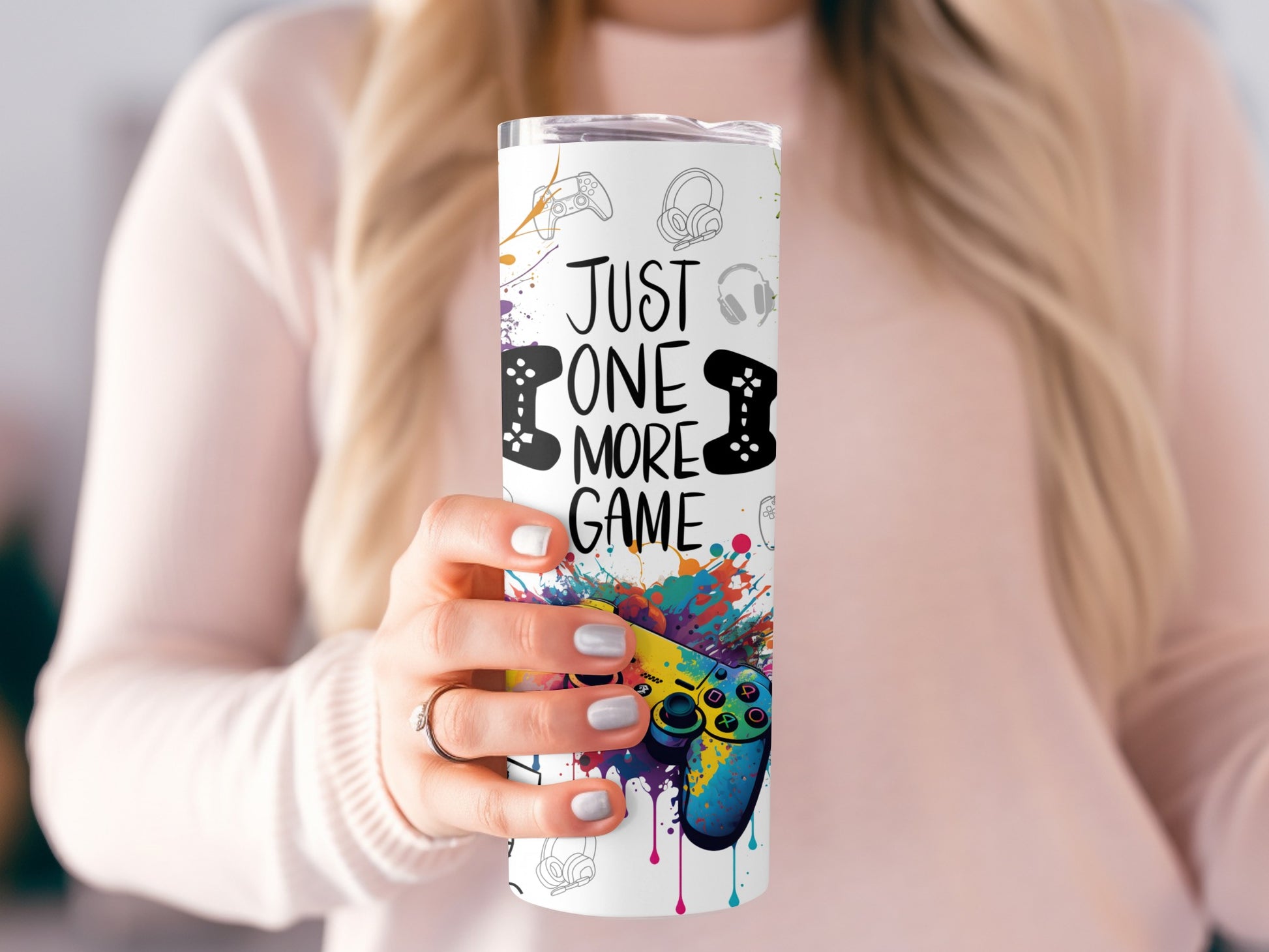 Colorful Gamer Tumbler, Just One More Game Quote, Gaming Travel Mug, Video Game Controller Design, Gift for Gamers