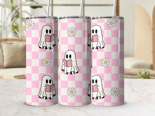Cute Ghost Reading Book Tumbler, Pink Checkered Pattern, Stainless Steel Insulated Drinkware, Gift Idea