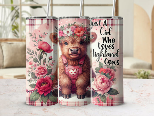 20oz Highland Cow Tumbler, Just A Girl who loves Highland Cows, Valentines Gift, Gift for her, Stainless Steel, Floral Design