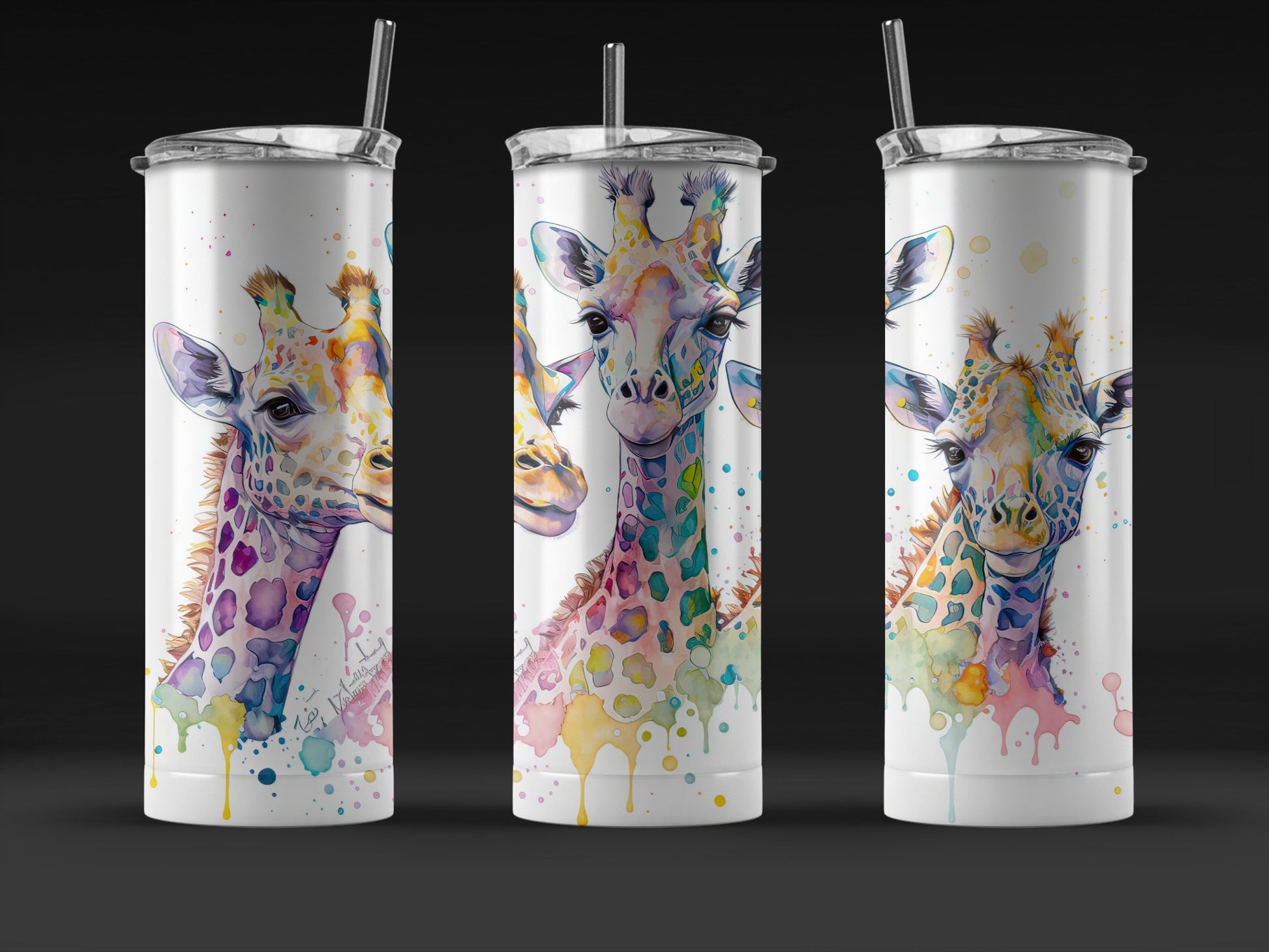 Colorful Giraffe Art Tumbler, Stainless Steel Insulated Cup with Straw, Splash Watercolor Design Drinkware, Unique Animal Theme Gift
