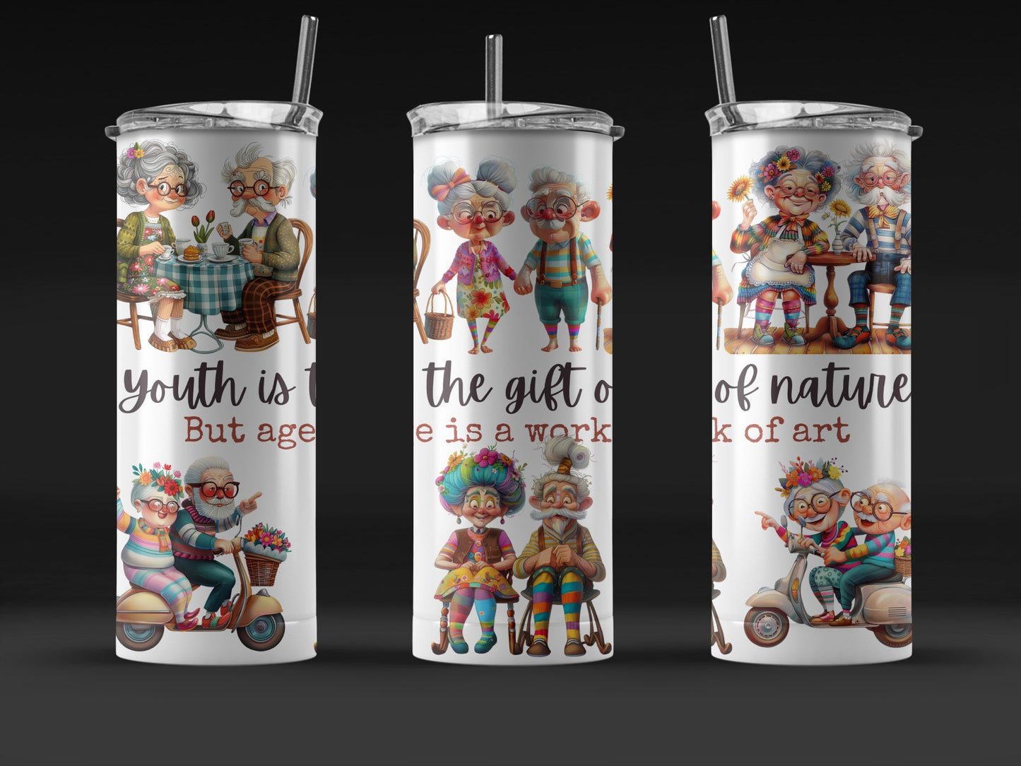 Whimsical Elderly Couples Illustrated Tumblers, Unique Gift, Youthful Elderly Art, Colorful Stainless Steel Drinkware, Fun Characters