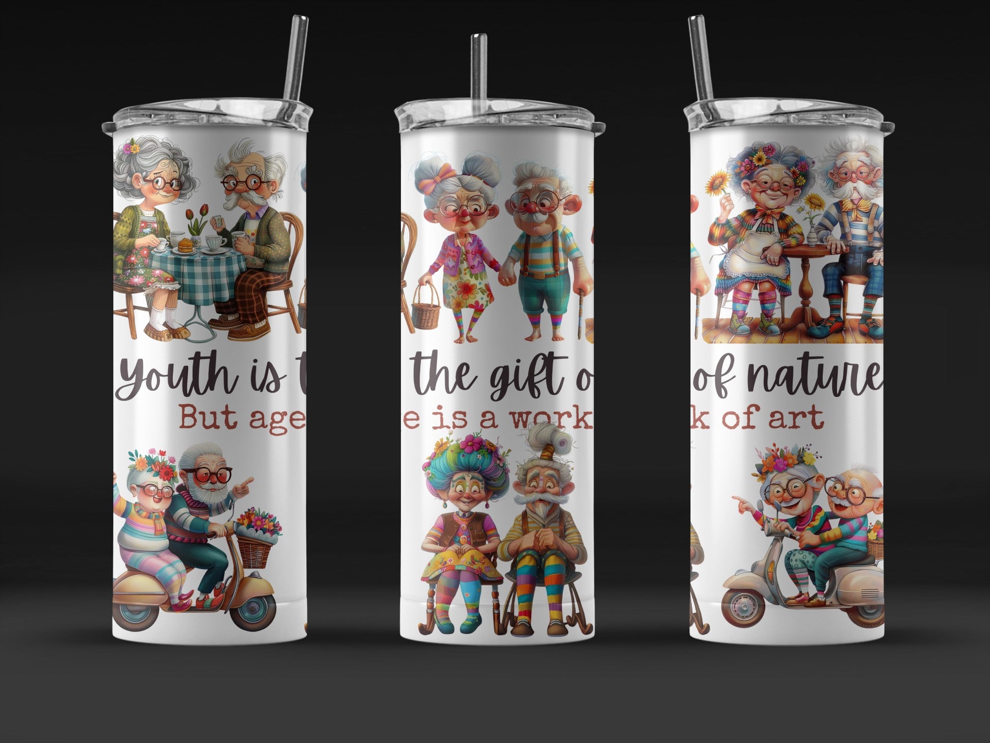 Whimsical Elderly Couples Illustrated Tumblers, Unique Gift, Youthful Elderly Art, Colorful Stainless Steel Drinkware, Fun Characters