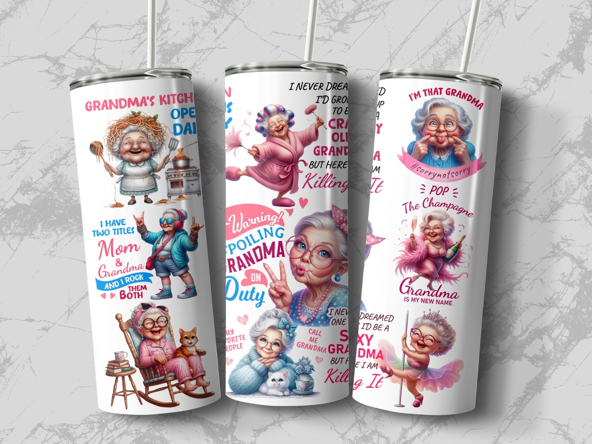 Grandma Tumbler Cups, Fun Grandma Quotes, Insulated Drinkware, Unique Gift for Grandmother, Colorful Illustrated Coffee Mugs