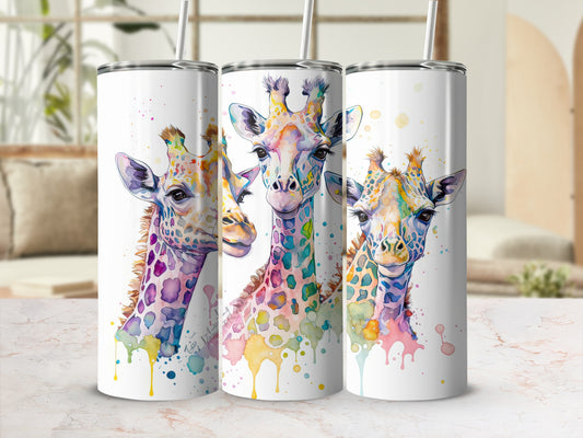 Colorful Giraffe Tumbler, Watercolor Art Insulated Drinkware, Stainless Steel Cup, Animal Design Travel Mug, Unique Gift Idea