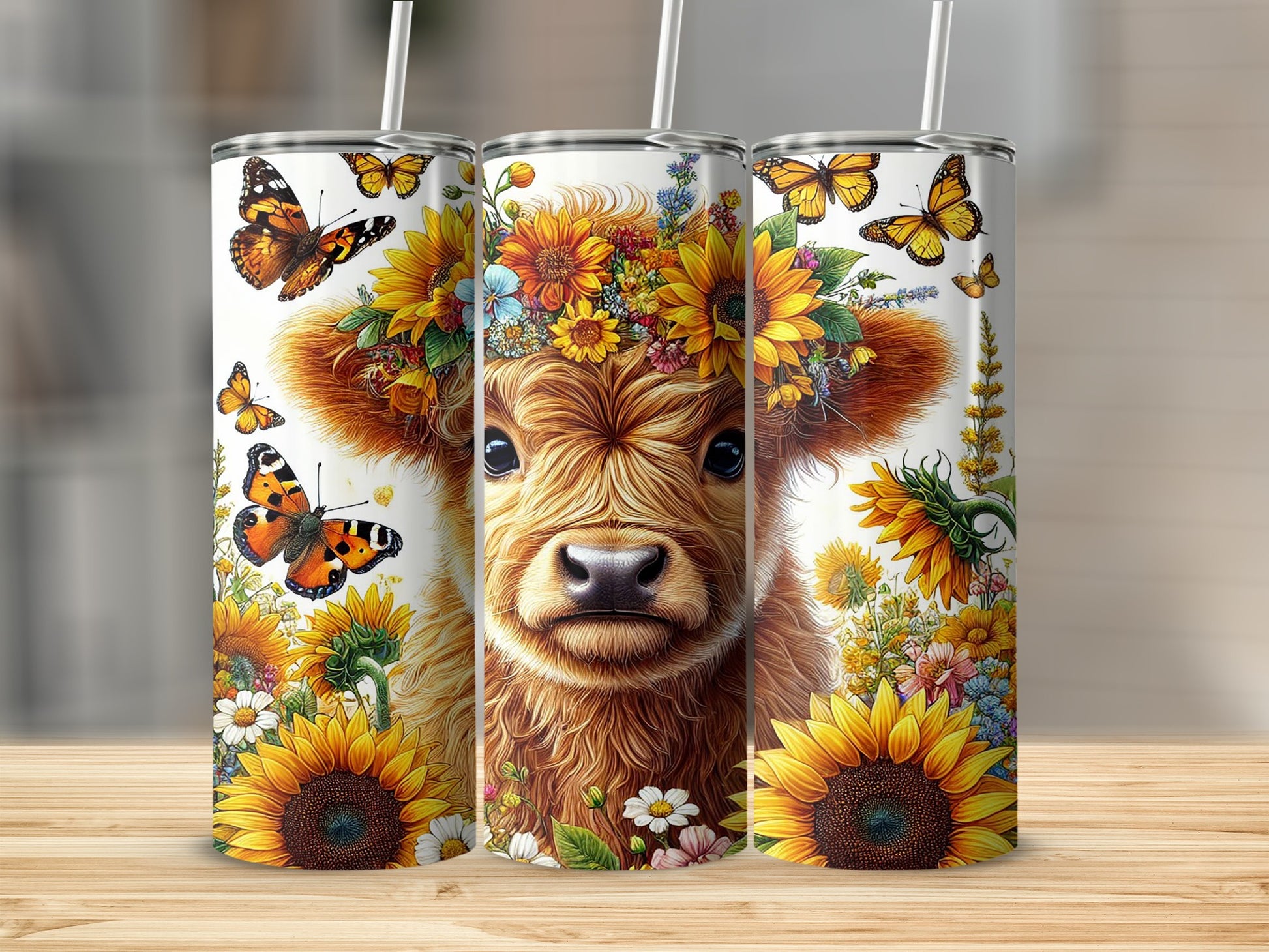 Highland Cow Tumbler with Sunflowers, Butterflies, Floral Print, Stainless Steel Insulated Tumbler, Gift Idea