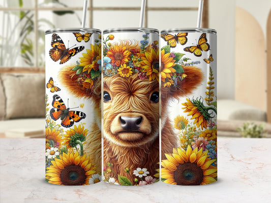Highland Cow Floral Tumbler, Sunflower and Butterfly Print, Insulated Stainless Steel Travel Mug, Gift for Nature Lovers