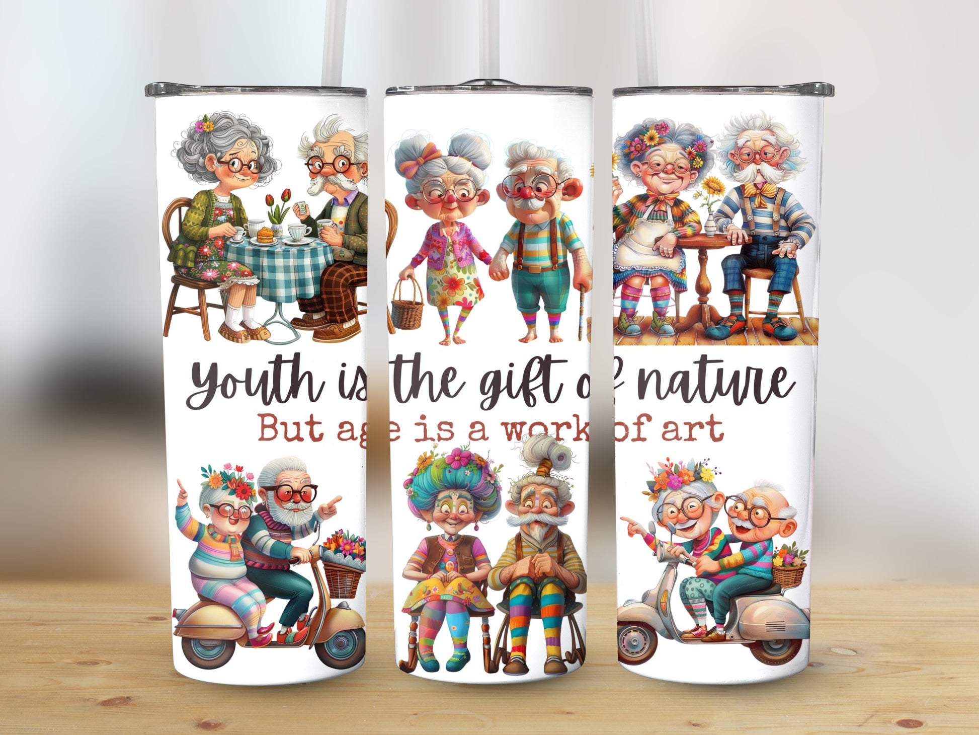 Whimsical Elderly Couples Water Bottles, Fun Illustrated Steel Bottles, Quirky Gift Idea, Hydration in Style