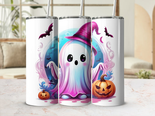 Cute Ghost Tumbler, Halloween Stainless Steel Cup, Spooky Witch Hat Design, Pumpkin and Bats Motif, Insulated Travel Mug