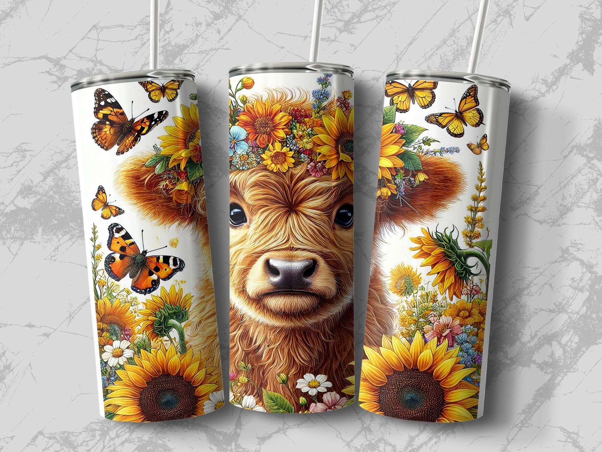 Floral Cow Print Tumbler, Sunflower and Butterfly Design, Insulated Travel Cup, Gift for Animal Lovers