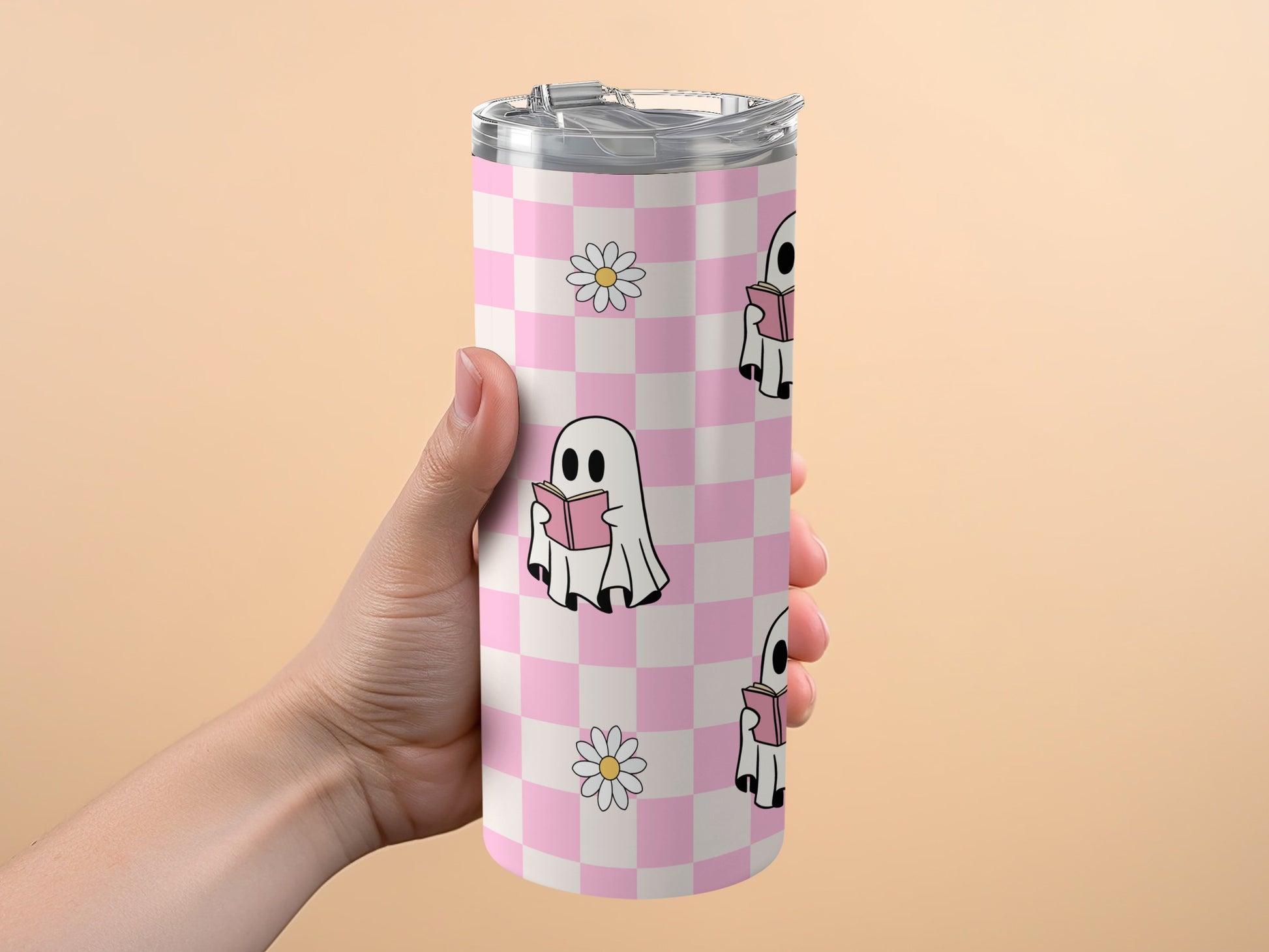 Cute Ghost Pattern Pink Checkered Tumbler, Insulated Travel Mug, Daisy Flower, Gift for Her