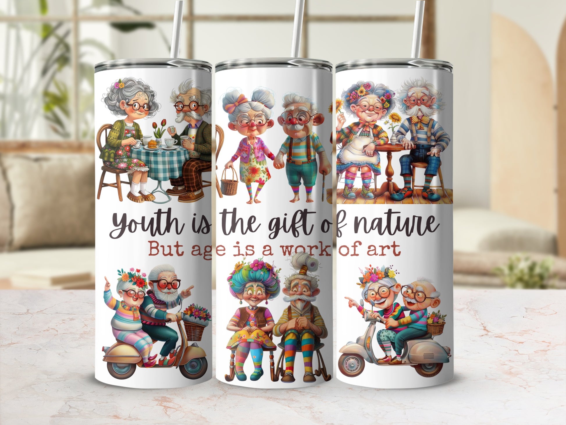 Colorful Elderly Couples Illustrated Tumblers, Fun Retirement Gift, Unique Elderly Art, Vibrant Stainless Steel Cup
