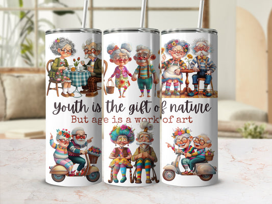 Colorful Elderly Couples Illustrated Tumblers, Fun Retirement Gift, Unique Elderly Art, Vibrant Stainless Steel Cup